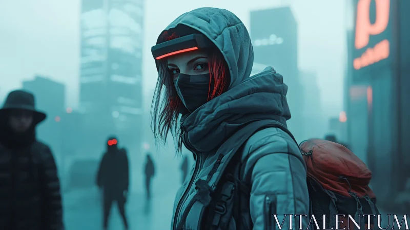 AI ART Cyberpunk Cityscape with Hooded Figure