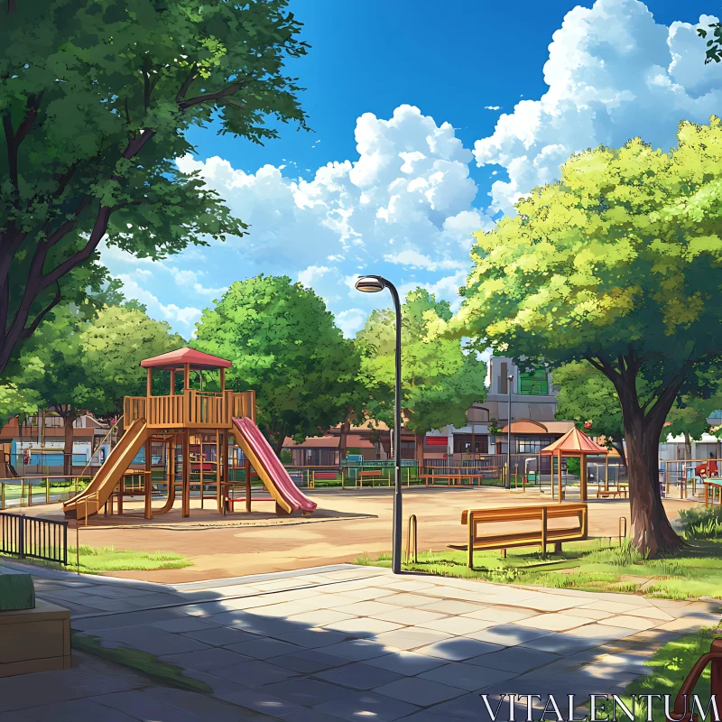 Sunny Day in a Peaceful Park Playground AI Image