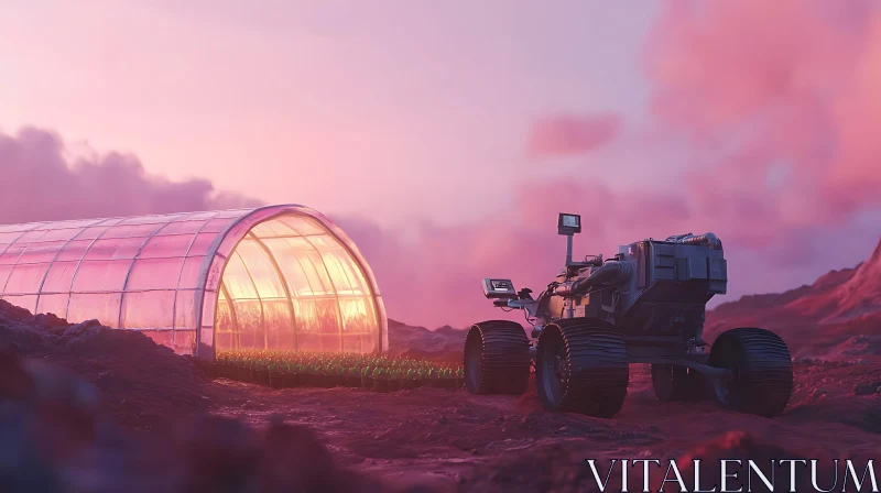 Rover Exploring Extraterrestrial Greenhouse at Sunset AI Image