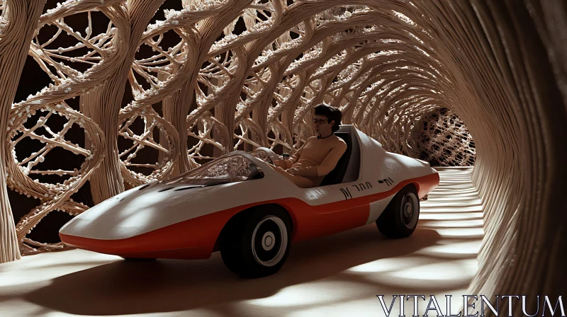 Man Driving Futuristic Car in Organic Structure AI Image