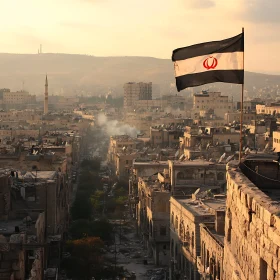 Flag Overlooking City at Sunset