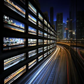 Urban Nightscape with Light Trails and Reflections