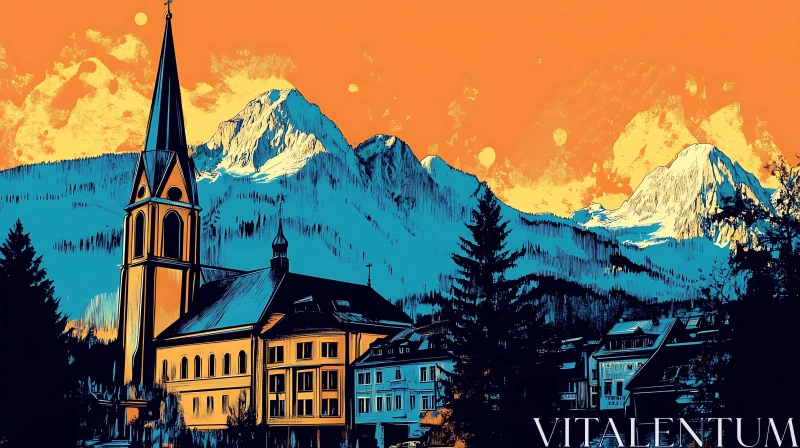 Mountain Town Illustration with Church and Peaks AI Image