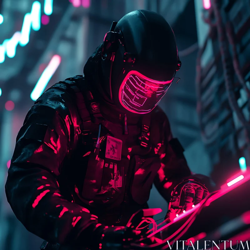 AI ART Neon-Lit Futuristic Urban Scene with Helmeted Character