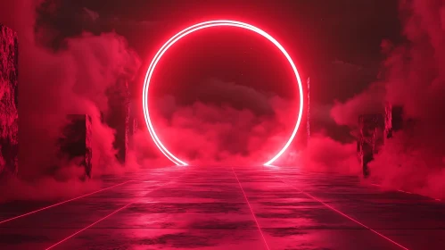 Mystical Neon Circle in a Foggy Realm