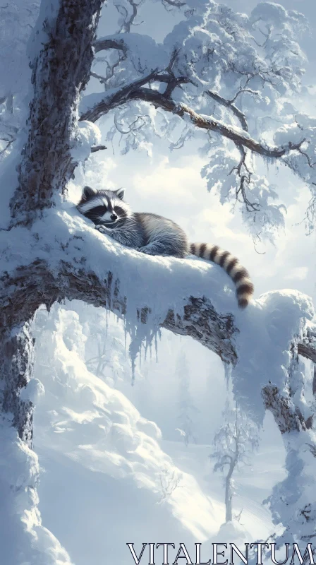 AI ART Winter Wildlife: Raccoon's Tranquil Perch