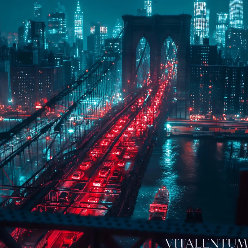 Urban Night Scene with Bridge and Lights AI Image