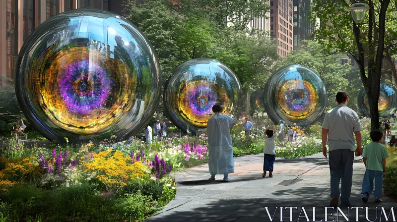 Futuristic Park with Transparent, Reflective Spheres AI Image