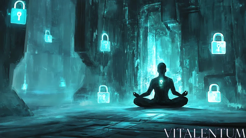 AI ART Cyberpunk Meditation with Floating Locks and Blue Teal Glow