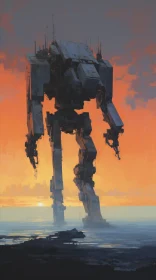 Giant Robot Overlooking a Serene Seascape at Dusk