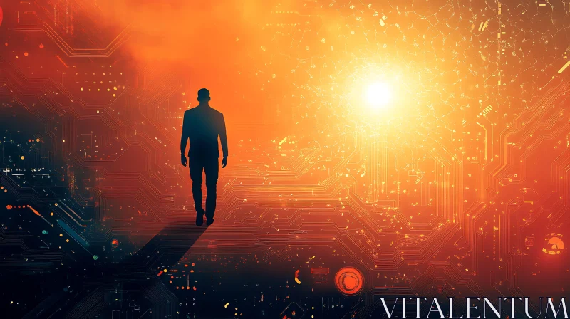 AI ART Human Figure in Technological Sunset Scene