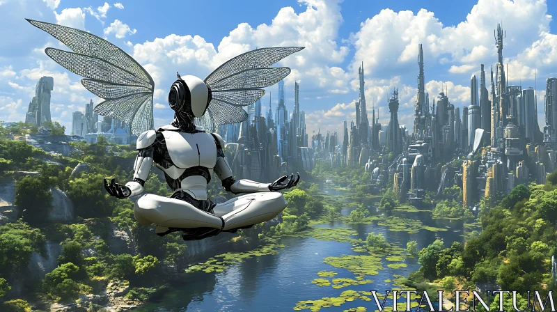 Futuristic Robot with Wings in Meditation AI Image