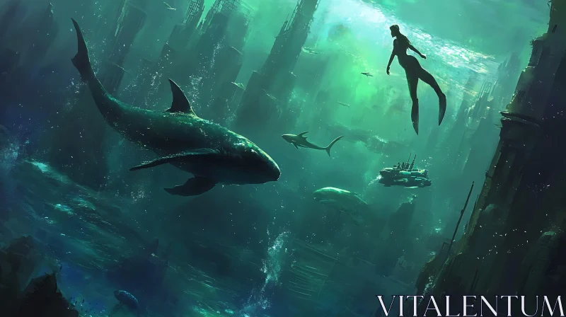 Sunken Ancient City with Whales and Diver AI Image