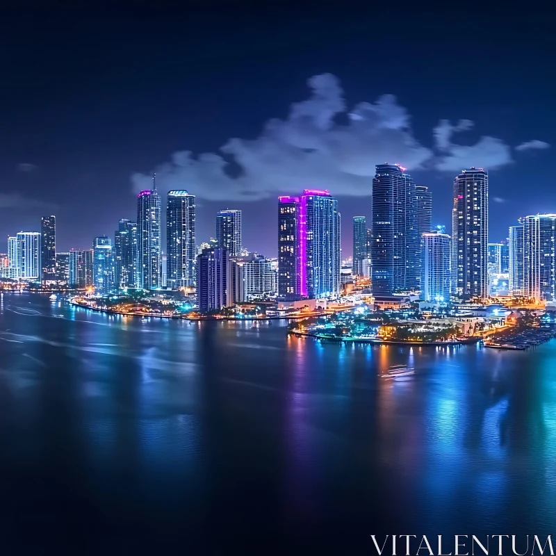 Urban Nightscape with Skyscrapers and Water Reflections AI Image