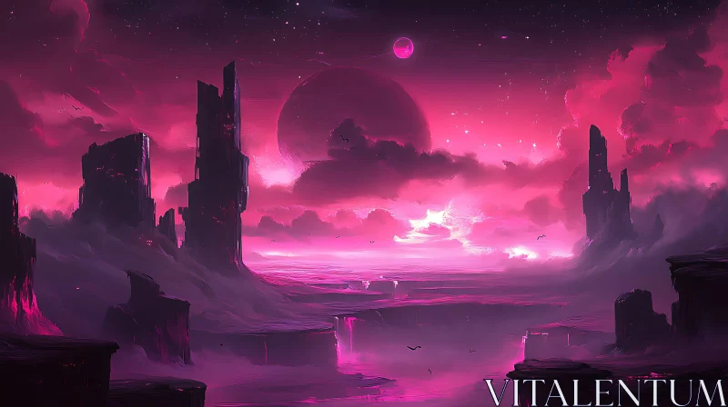 AI ART Mystical Pink Scenery with Planet and Stars