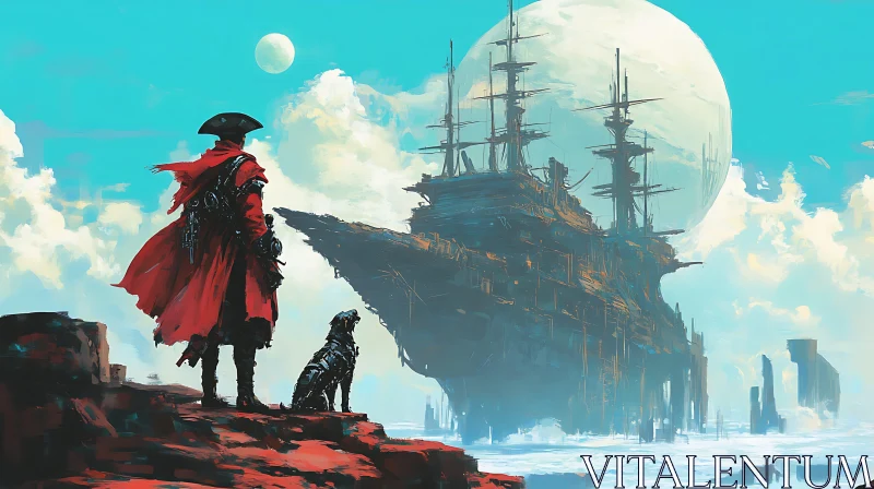 Pirate and Dog with Spaceship in Vivid Sky AI Image