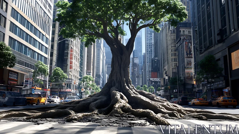 Urban Tree in a Bustling Cityscape AI Image