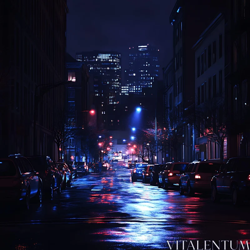 AI ART Urban Nightscape with Streetlights and Reflections