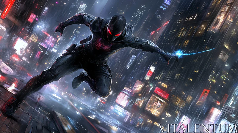 Black-Suited Hero in Rainy Urban Nightscape AI Image