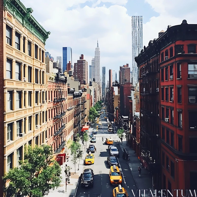 Bustling City Street with Iconic Yellow Taxis and Tall Buildings AI Image