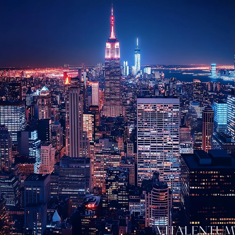 Illuminated Urban Skyline at Night AI Image