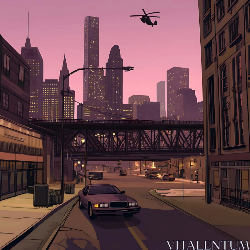 Urban Skyline at Dusk with Car and Helicopter AI Image