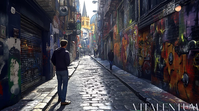 Colorful Graffiti Alleyway Towards Cathedral AI Image