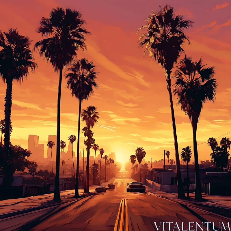 Urban Sunset with Palm Trees and City Skyline AI Image