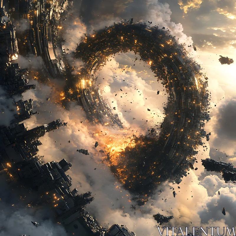 AI ART Sci-Fi Fiery Ring Explosion Amidst Clouds