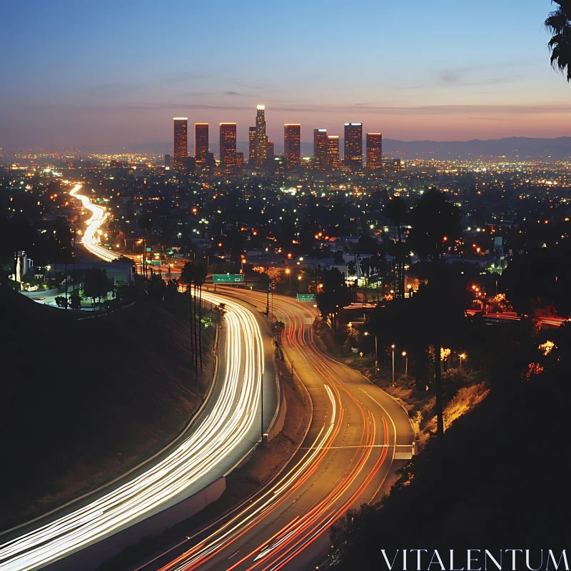 AI ART Nighttime City View with Glowing Skyline and Road Light Trails