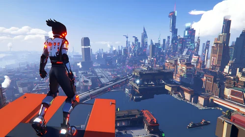 Cyberpunk City View with Robotic Figure