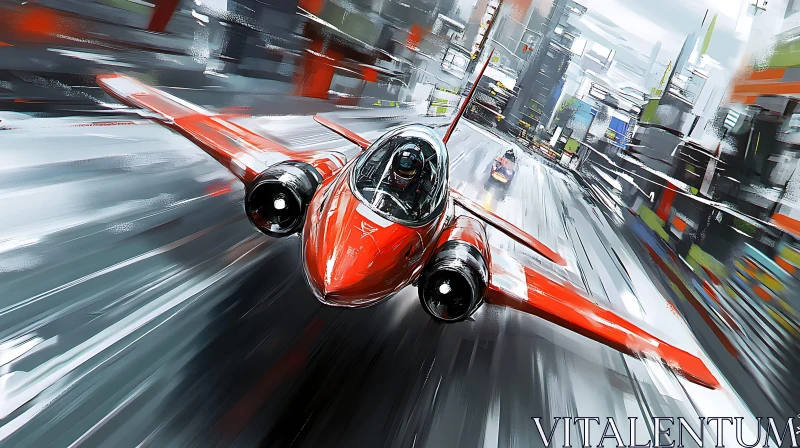 High-Speed Red Jet in Futuristic Urban Setting AI Image