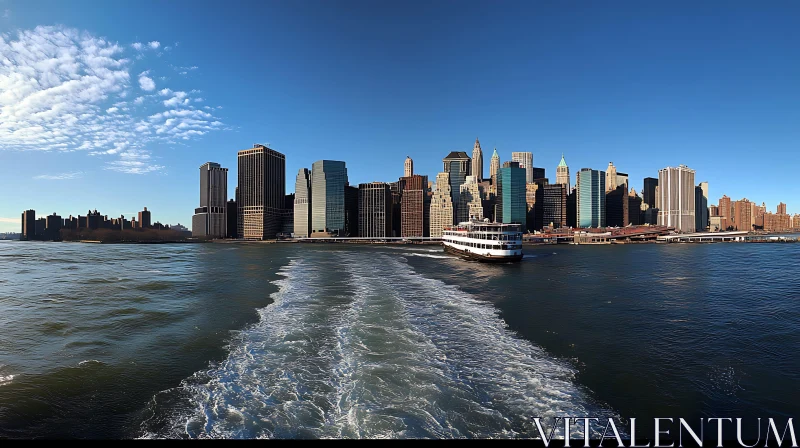 Urban Skyline with Skyscrapers and Boat on Water AI Image