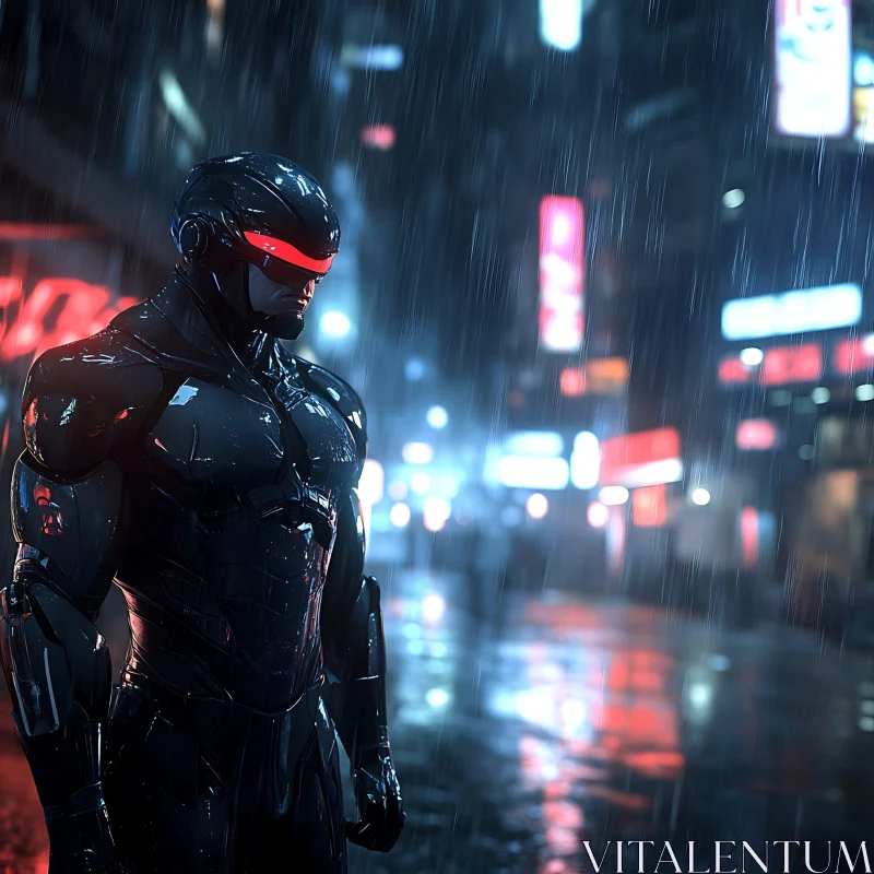 Cyborg in Rainy Night City AI Image