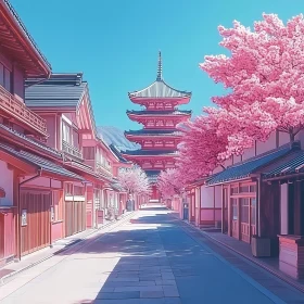 Cherry Blossom Street Leading to Japanese Pagoda