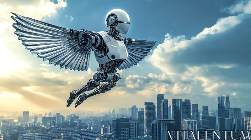 AI ART Advanced Robot with Wings Above Modern Metropolis