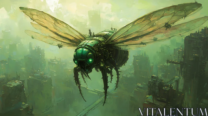 Cyborg Insect Above a Futuristic City AI Image