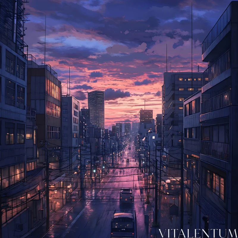 Urban Sunset Over Wet Streets AI Image