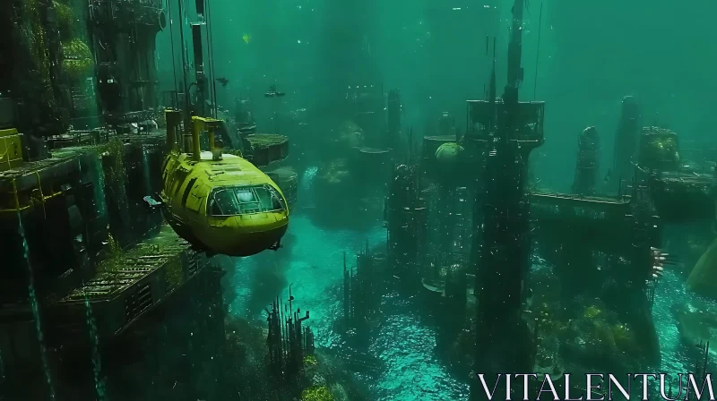 Submarine Exploring a Submerged Metropolis AI Image