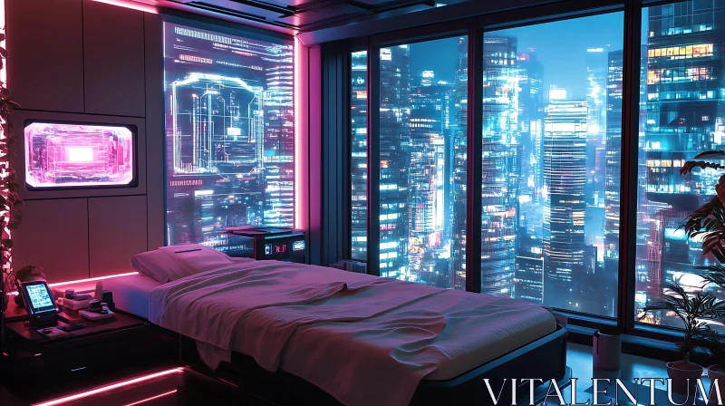 Modern High-Tech Bedroom with Neon Lights AI Image