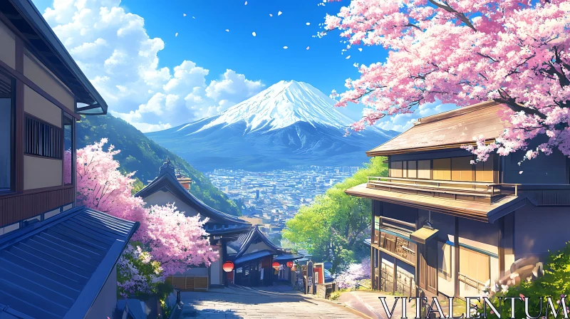 Idyllic Village Scene with Blossoming Trees and Mountain AI Image