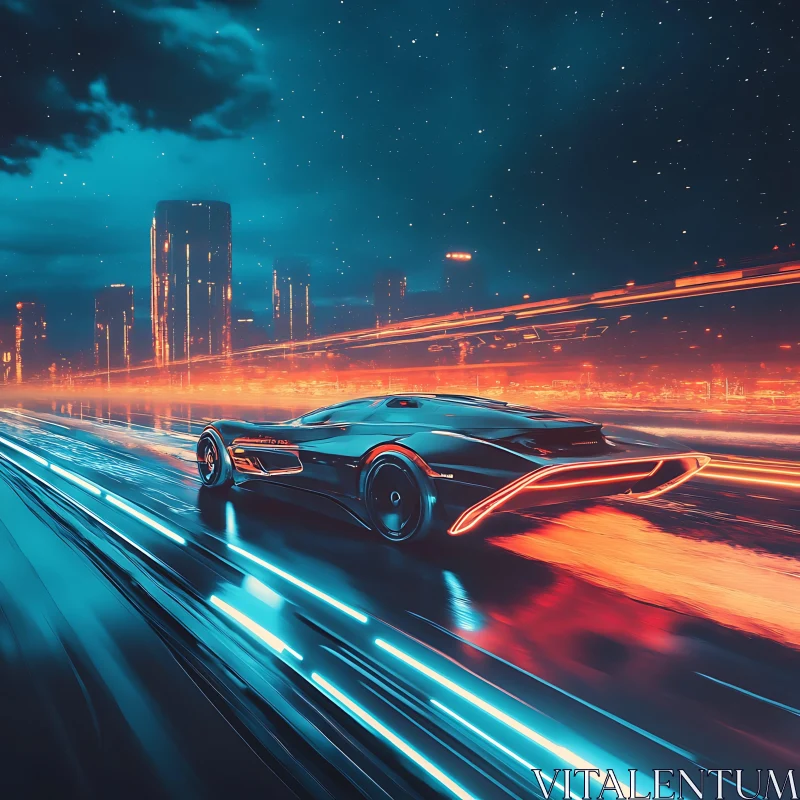 Neon-Lit City Race: A Futuristic Car at Night AI Image