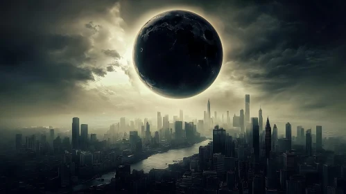 Surreal Urban Landscape with a Dark Celestial Body