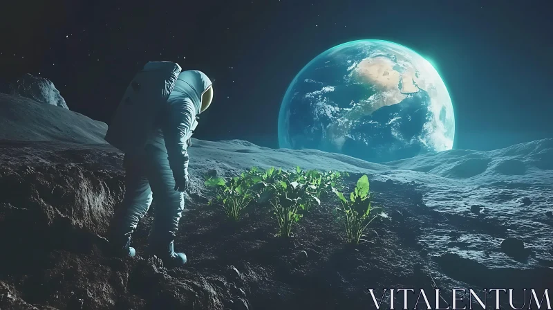 Lunar Farming: Astronaut Cultivating Plants on the Moon with Earth View AI Image