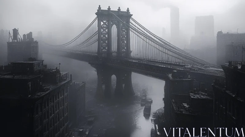 Misty Bridge Over River in City AI Image