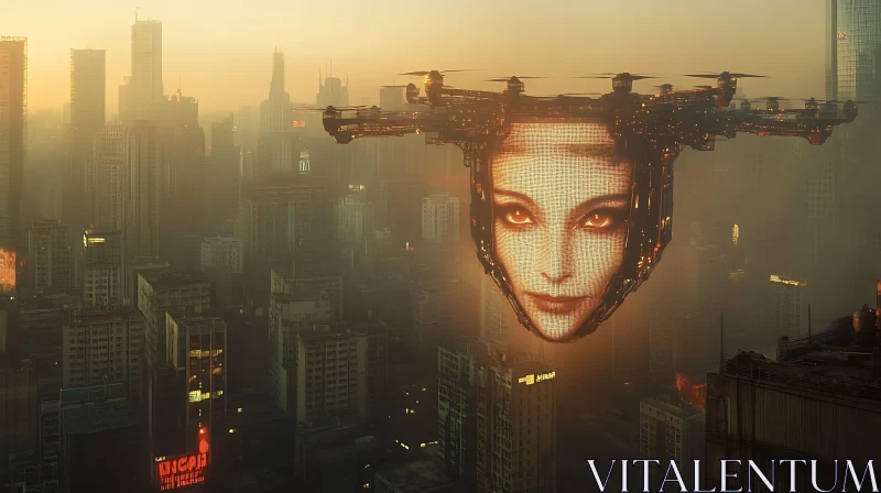 Gigantic Drone with Woman's Face Over Foggy Cityscape AI Image