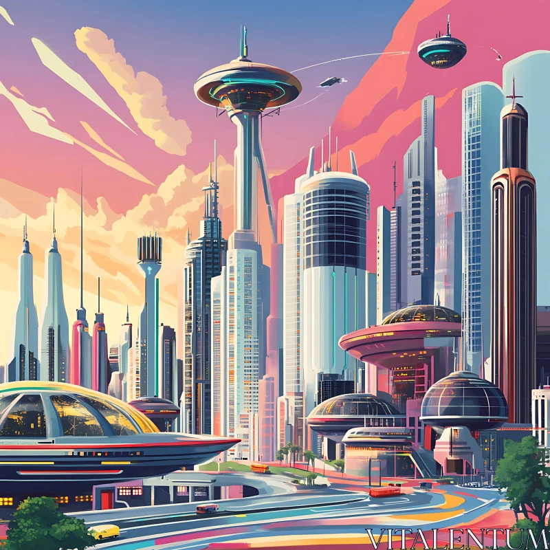 High-Tech Futuristic City with Flying Cars at Dusk AI Image