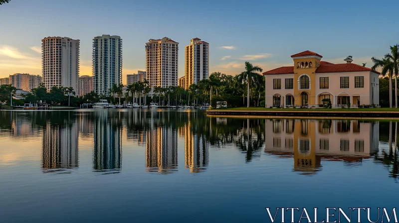 AI ART Reflective Urban Waterfront at Dusk