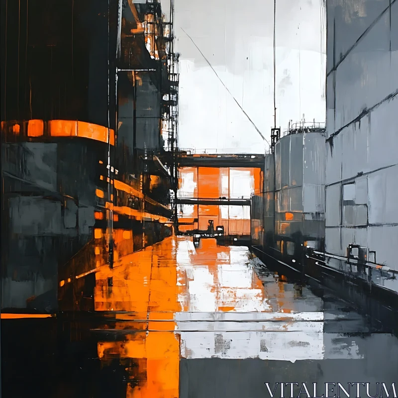 Modern Industrial Abstract Art with Orange and Gray AI Image