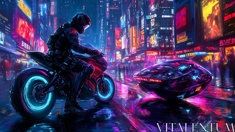 AI ART Cyberpunk Motorcyclist in Neon-Lit Futuristic City